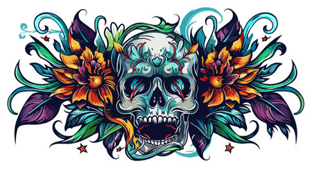 Skull with floral ornament. Tattoo design. Vector illustration.のイラスト素材