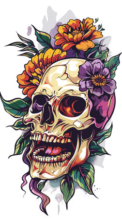 Skull with flowers and leaves. Vector illustration of skull with flowers.のイラスト素材