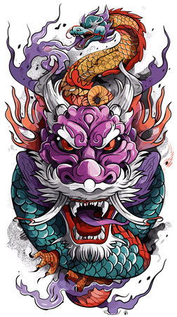 Dragon head. Colorful vector illustration for tattoo or t-shirt design.のイラスト素材