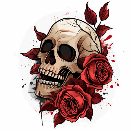 Skull and red roses on grunge background. Vector illustration.のイラスト素材