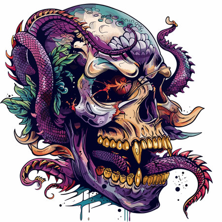Skull with dragon head and colorful grunge elements. Vector illustrationのイラスト素材