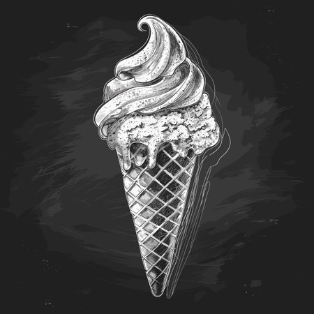 A black and white drawing of a scoop of ice cream in a cone. The ice cream is drawn with a lot of detail, including the swirlsのイラスト素材