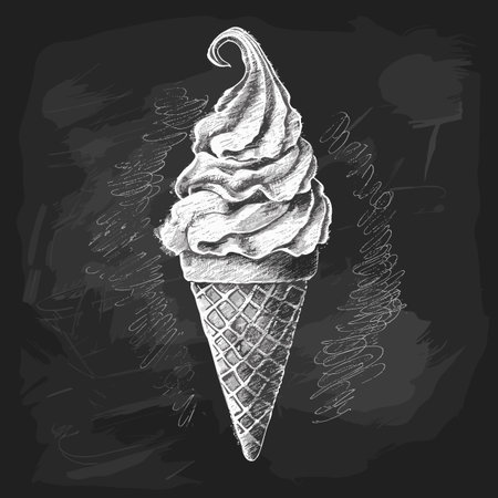 A black and white drawing of a scoop of ice cream in a cone. The ice cream is drawn with a lot of detail, including the swirlsのイラスト素材