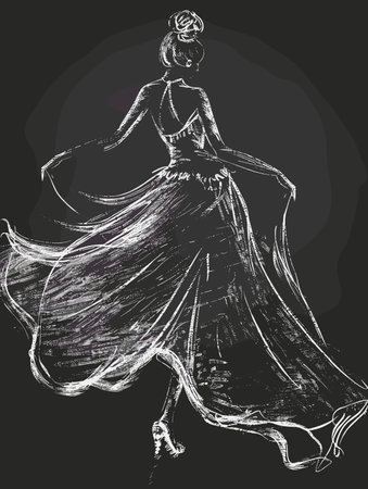 Fashion illustration of a beautiful woman in elegant dress on black backgroundのイラスト素材