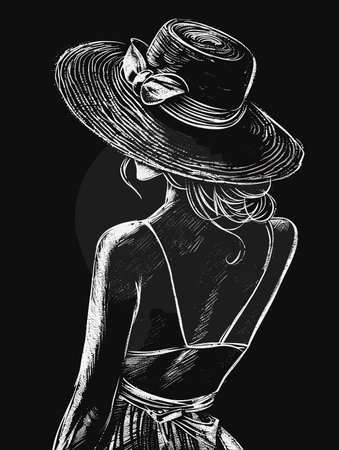 Beautiful woman in hat on black background. Hand drawn vector illustration.のイラスト素材