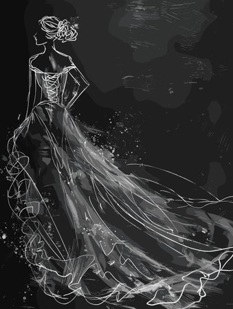 sketch of a beautiful girl in a long dress on a black backgroundのイラスト素材