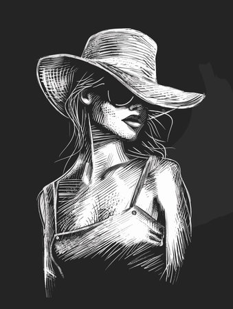 Vector hand drawn illustration of a woman in a hat and sunglasses.のイラスト素材