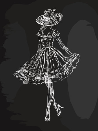 Hand drawn fashion woman in hat and dress. Vector sketch illustration.のイラスト素材