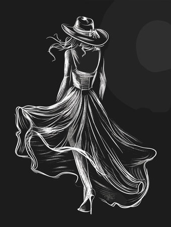 Sketch of a girl in a long dress and a hatのイラスト素材