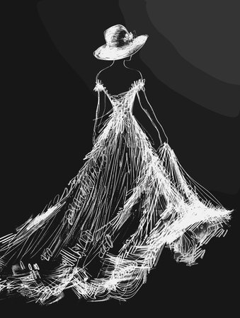 Fashion illustration of a beautiful woman in elegant dress and hat.のイラスト素材