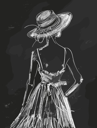 Sketch of a girl in a hat and dress on a dark backgroundのイラスト素材