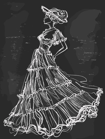 Sketch of a beautiful woman in a dress on a black backgroundのイラスト素材