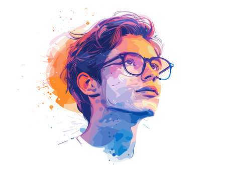 Portrait of a young man with glasses and colorful splashes. Vector illustration.のイラスト素材