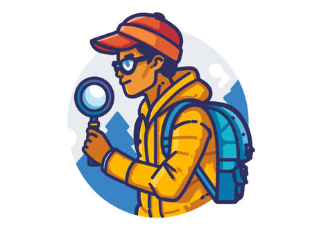 Tourist with a backpack and a magnifying glass. Vector illustration.のイラスト素材