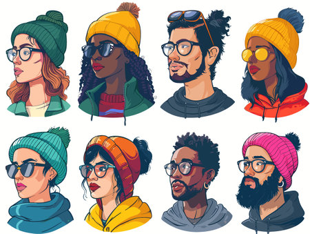 Vector set of hipster people avatars in hats and scarvesのイラスト素材