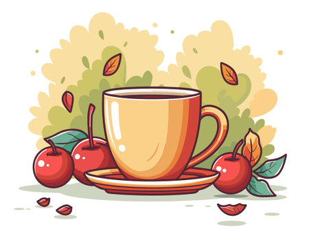 Cup of tea with apples. Vector illustration in cartoon style.のイラスト素材
