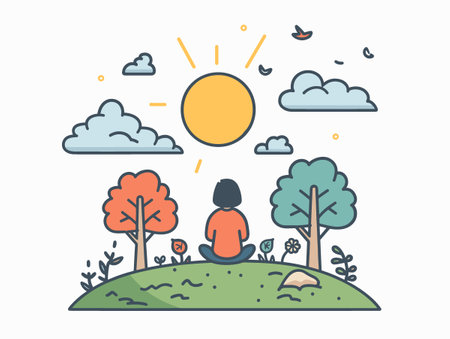 Vector illustration of a girl sitting on the grass in the park.のイラスト素材