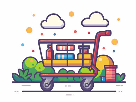 Illustration of a trolley with food products. Flat design.のイラスト素材