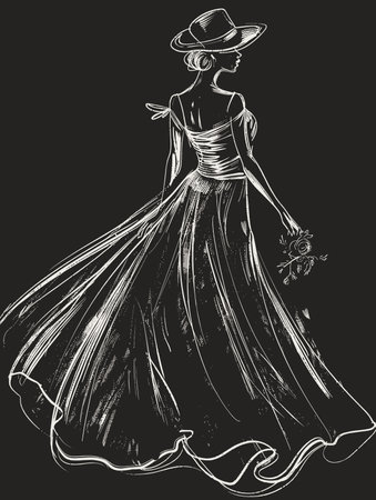 Beautiful woman in a long dress and hat. Vector illustration.のイラスト素材