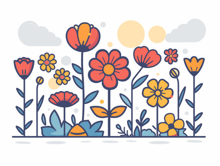 Flower vector illustration in flat line style. Cute cartoon flowers and plants.のイラスト素材