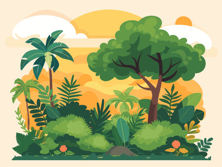 Tropical landscape with palms, bushes and flowers. Flat vector illustration.のイラスト素材