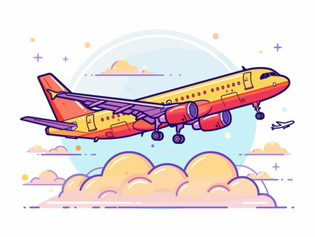 Airplane flying in the sky. Vector illustration in flat style.のイラスト素材