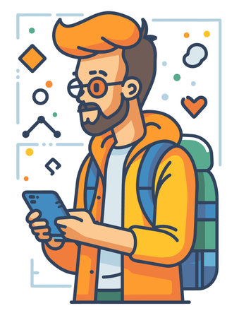 Hipster man using mobile phone. Vector illustration in cartoon styleのイラスト素材