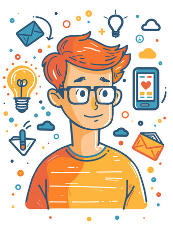 Vector illustration of a young man in glasses and a T-shirt.のイラスト素材