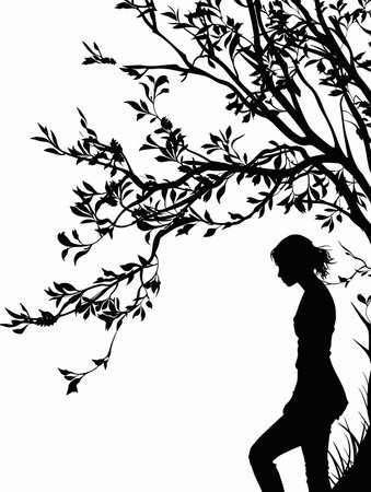 Silhouette of a girl on a background of a tree.のイラスト素材