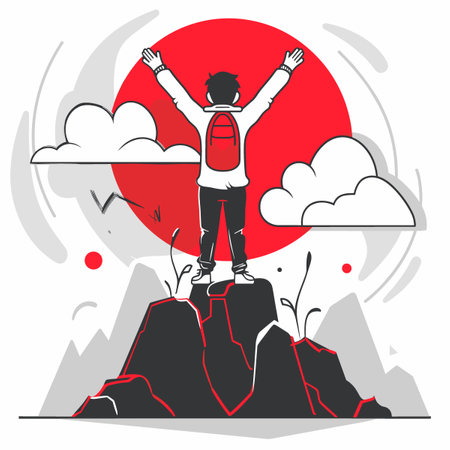 Man on top of the mountain. Conceptual vector illustration in flat design.のイラスト素材