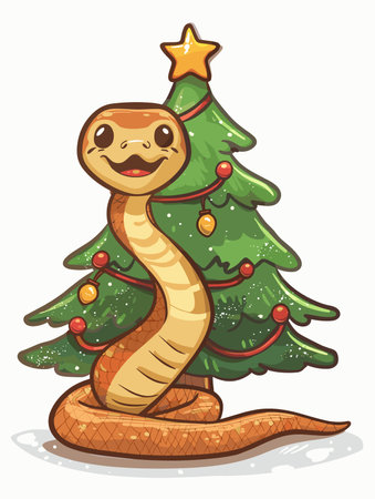 Cute cartoon snake with a Christmas tree on a white background.のイラスト素材