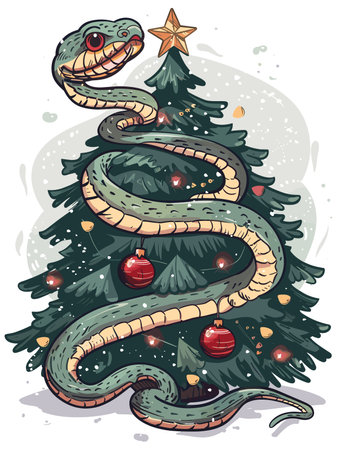 Vector illustration of a snake on a Christmas tree. Vector illustration.のイラスト素材