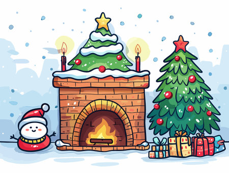 Vector illustration of Christmas and New Year background with fireplace, gifts and snowmanのイラスト素材