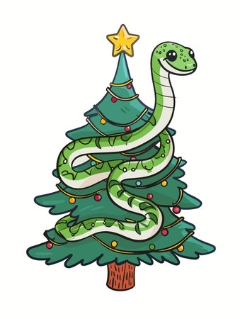 Illustration of a Christmas tree with a snake on a white backgroundのイラスト素材