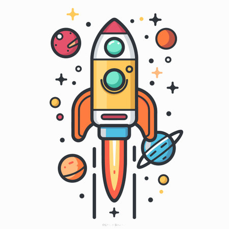Space rocket and planets. Line art vector illustration in flat linear style.のイラスト素材