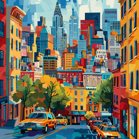 Vector illustration of New York City street with colorful buildings and skyscrapers.のイラスト素材