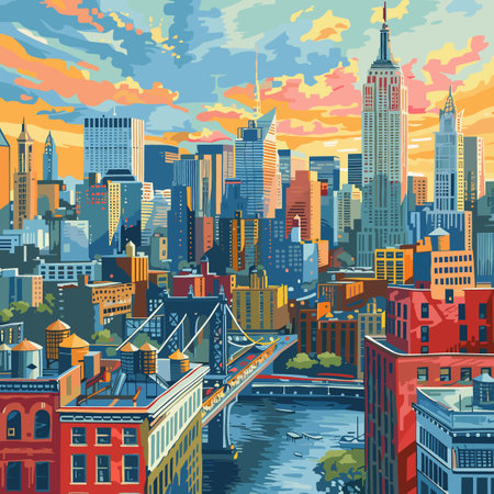 Cityscape with skyscrapers, bridges and river. Vector illustration.のイラスト素材