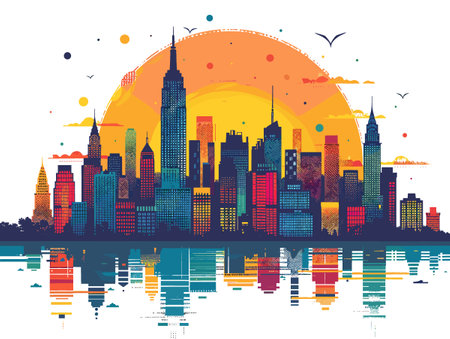 New York City Skyline Silhouette with Colorful Buildings and Reflections. Vector Illustration.のイラスト素材