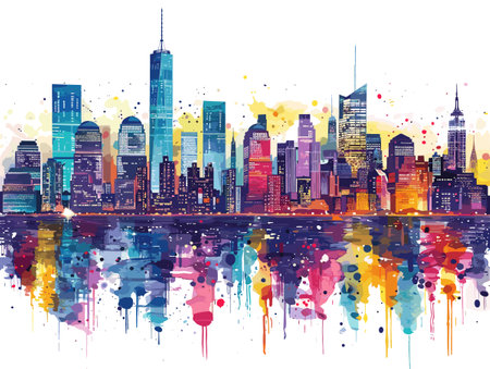 New York City skyline with watercolor splashes. Vector illustration.のイラスト素材