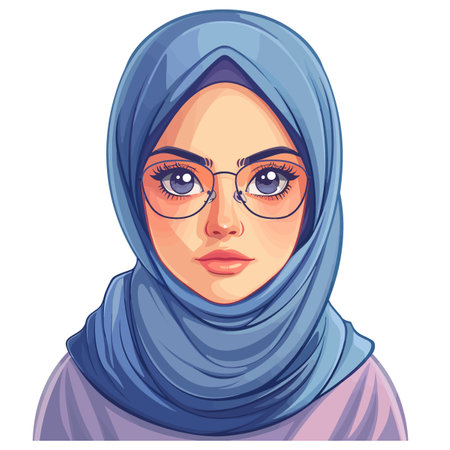 Portrait of beautiful Muslim woman with blue hijab. Vector illustrationのイラスト素材