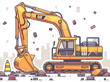 Excavator working on construction site. Vector illustration in flat styleのイラスト素材