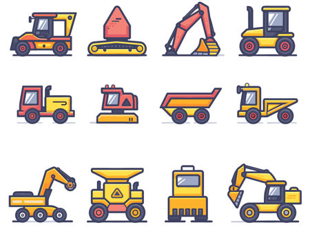 Set of construction machinery icons. Vector illustration in flat design style.のイラスト素材