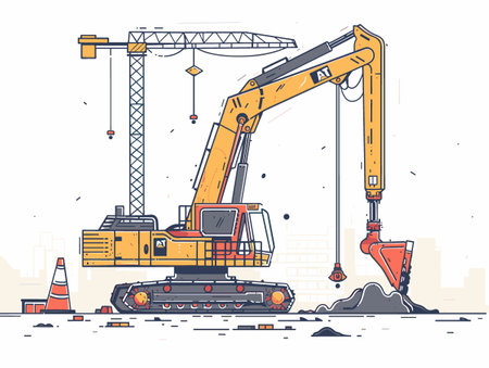 Excavator working at construction site. Vector illustration in flat styleのイラスト素材