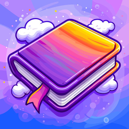 Vector cartoon illustration of book on colorful background with clouds and stars.のイラスト素材