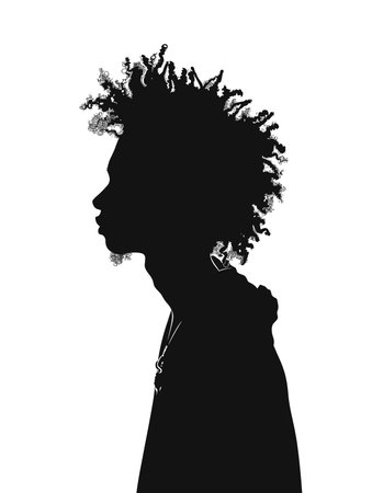 Vector silhouette of a woman with curly hair on a white background.のイラスト素材