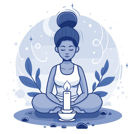 Woman meditating in lotus pose with candle. Vector illustration.のイラスト素材