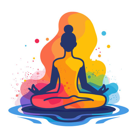 Yoga woman in lotus position on colorful background. Vector illustration.のイラスト素材