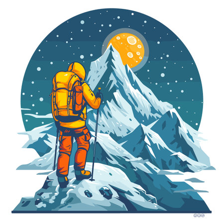 Hiker in the mountains. Vector illustration of a man with a backpack.のイラスト素材