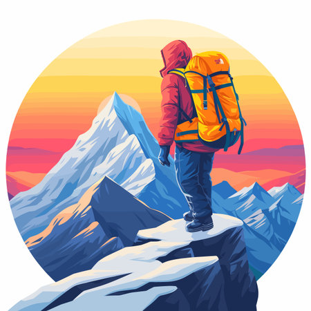 Hiker in a red jacket with a backpack on the top of the mountain. Vector illustrationのイラスト素材