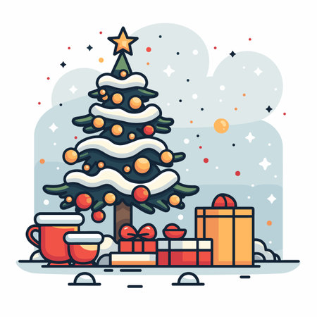 Christmas tree with gifts and a cup of coffee. Vector illustration.のイラスト素材